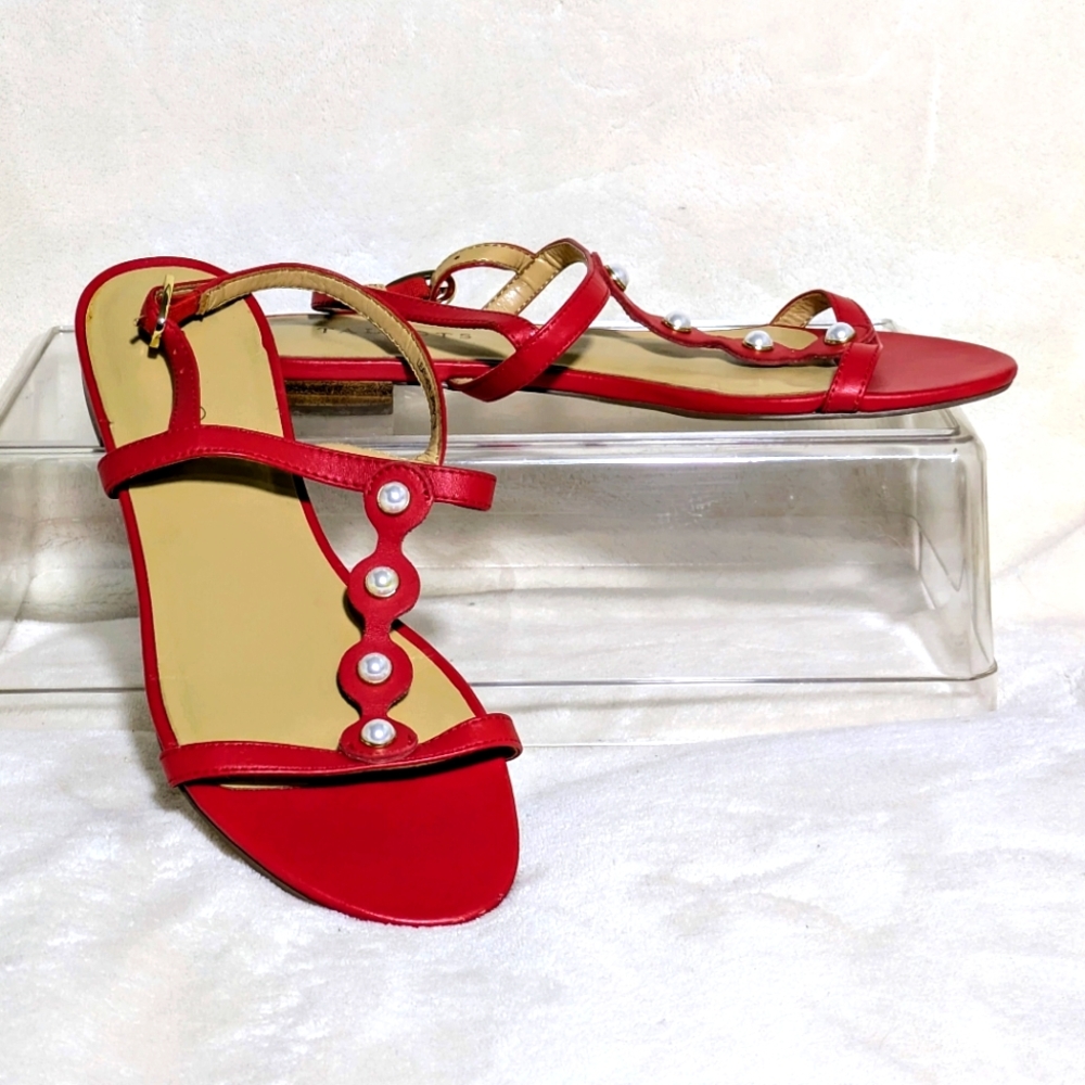 Women's Talbots Red Strappy‎ Flat Embellished Sandals, Casual, Summer, Sz 7